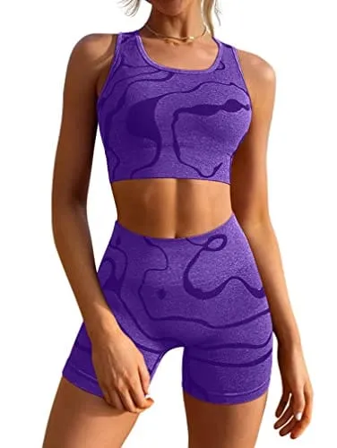 GXIN Women's Workout 2 Piece Outfits High Waist Running Shorts Seamless Gym Yoga Sports Bra Purple