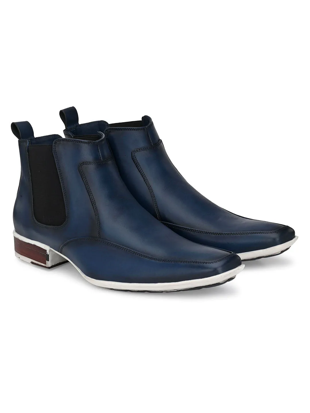 Hitz Men's Blue Leather Slip-On Ankle Boot Shoes