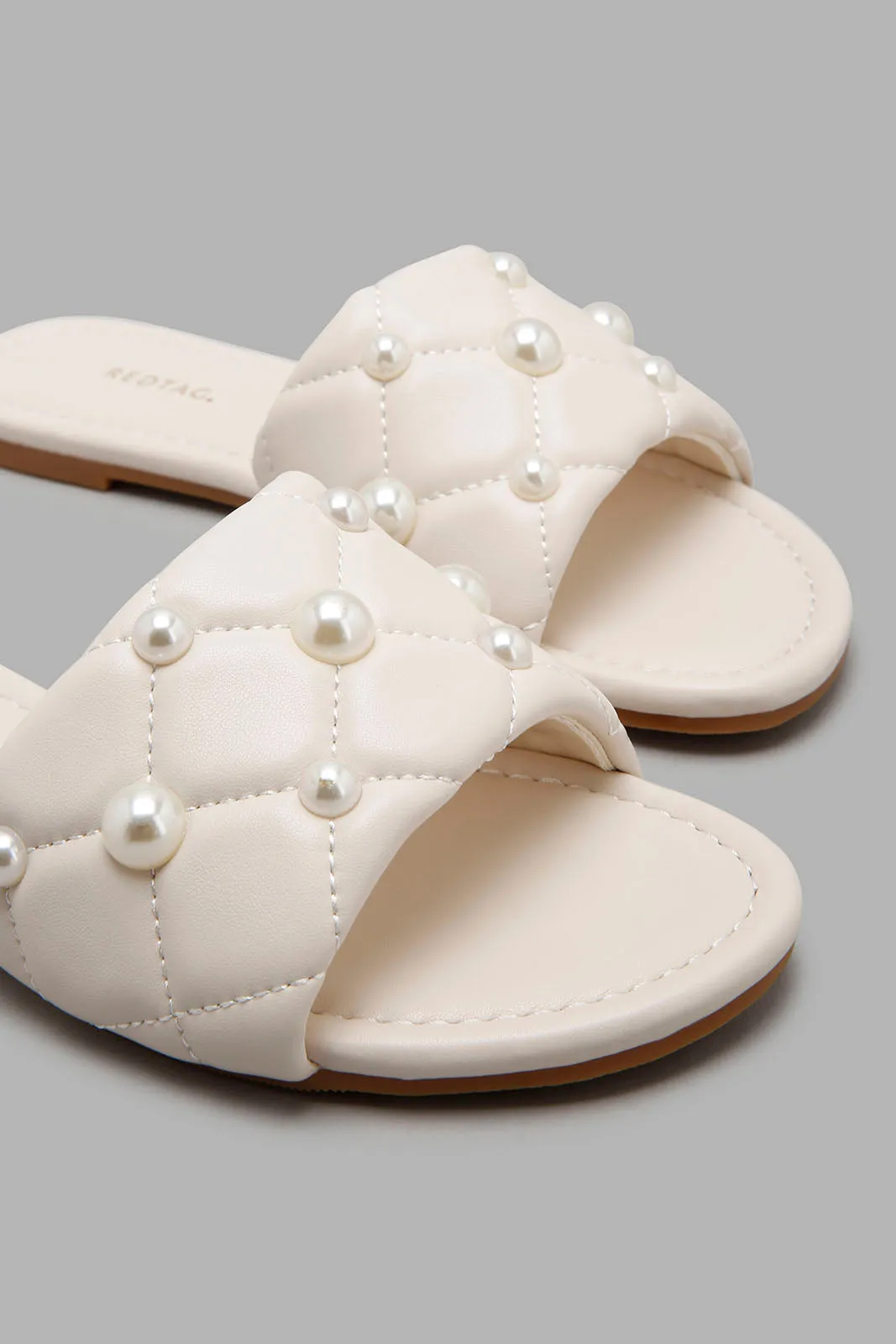 Ivory Quilted Mule With Pearl