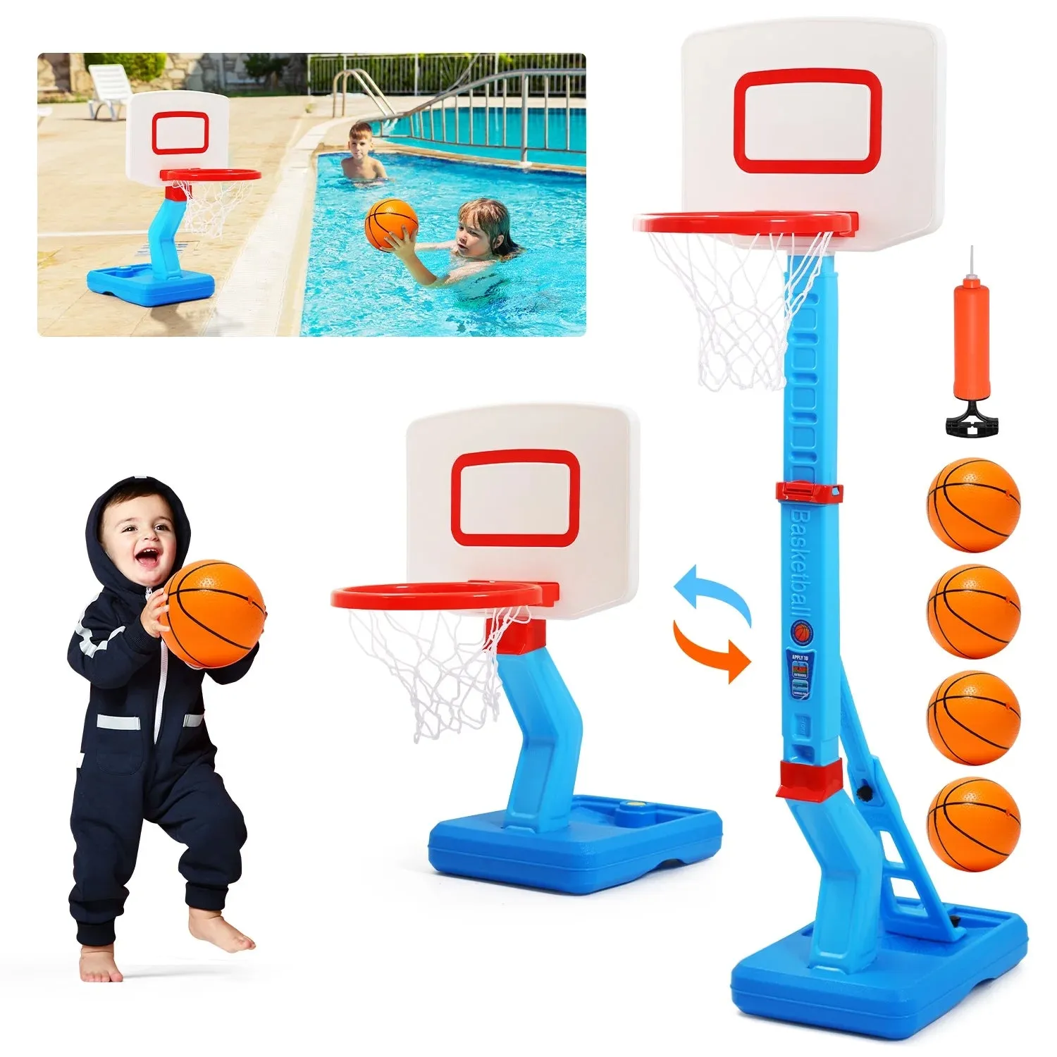 JoyStone JS2028 2 in 1 Toddler Kids Basketball Hoop with Ball Pump, Blue