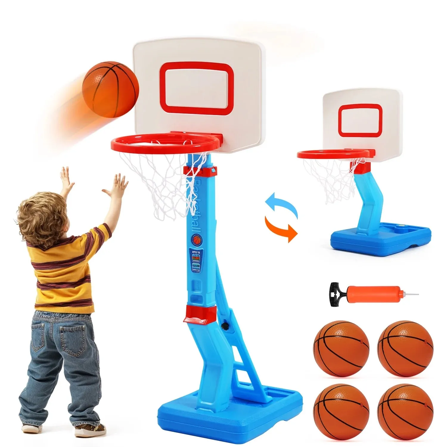 JoyStone JS2028 2 in 1 Toddler Kids Basketball Hoop with Ball Pump, Blue