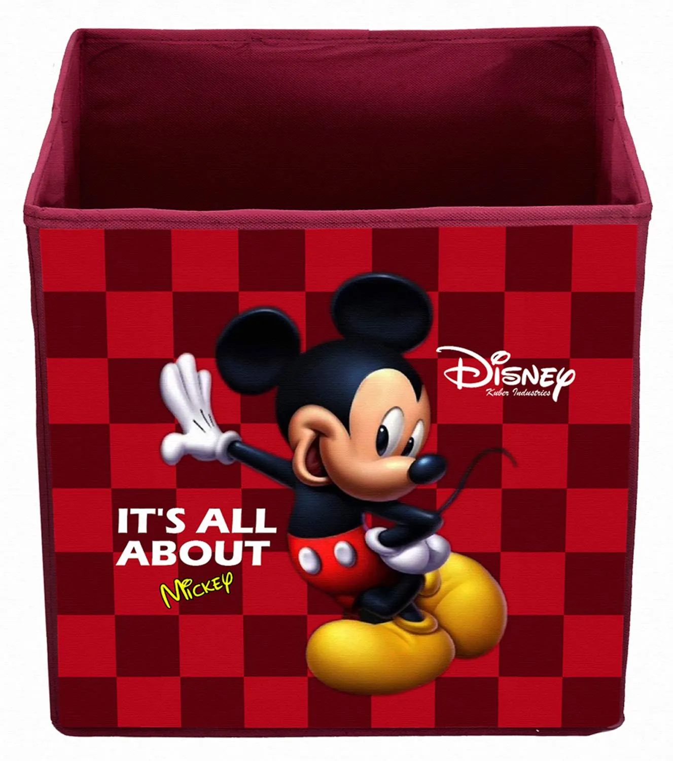 Kuber Industries Disney Print Non Woven Fabric Foldable Cube Cloth Toy, Books Storage Box Wardrobe Organiser with Handle (Red, Maroon & Brown, Large, 3 Pieces)