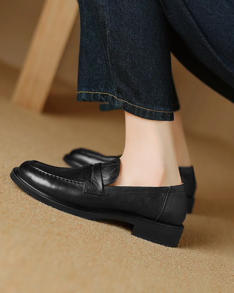 Leather Round Toe Flat Low Heeled Loafers