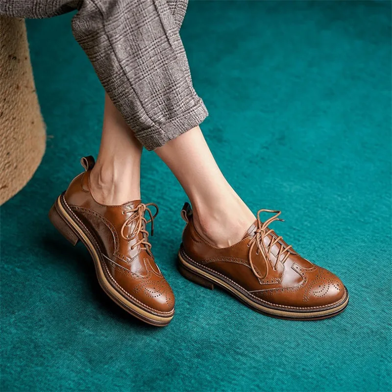 Leisure Brogues Vintage Lace-up Vegan Leather Flats Shoes