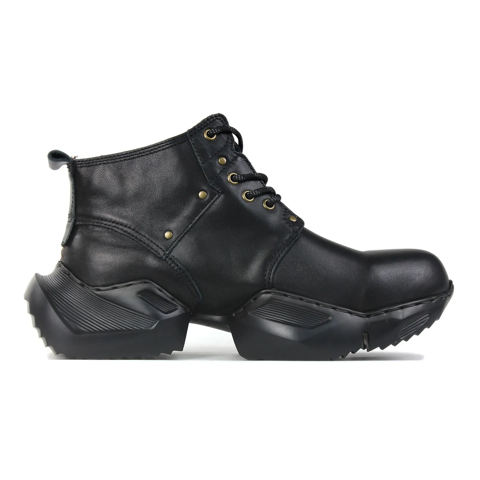 Men's Leather athletic walking Moto Boots OS-5008-S-1 Classic Black and OFF-WHITE