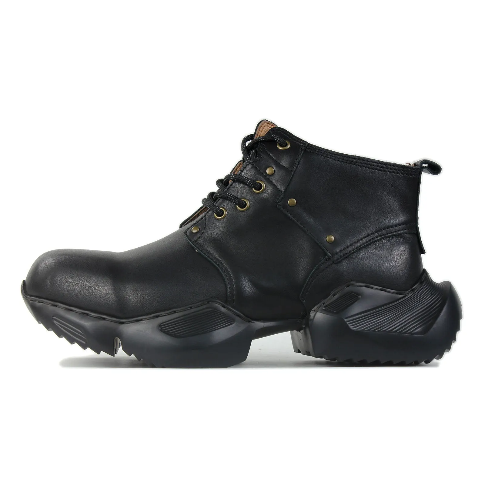 Men's Leather athletic walking Moto Boots OS-5008-S-1 Classic Black and OFF-WHITE