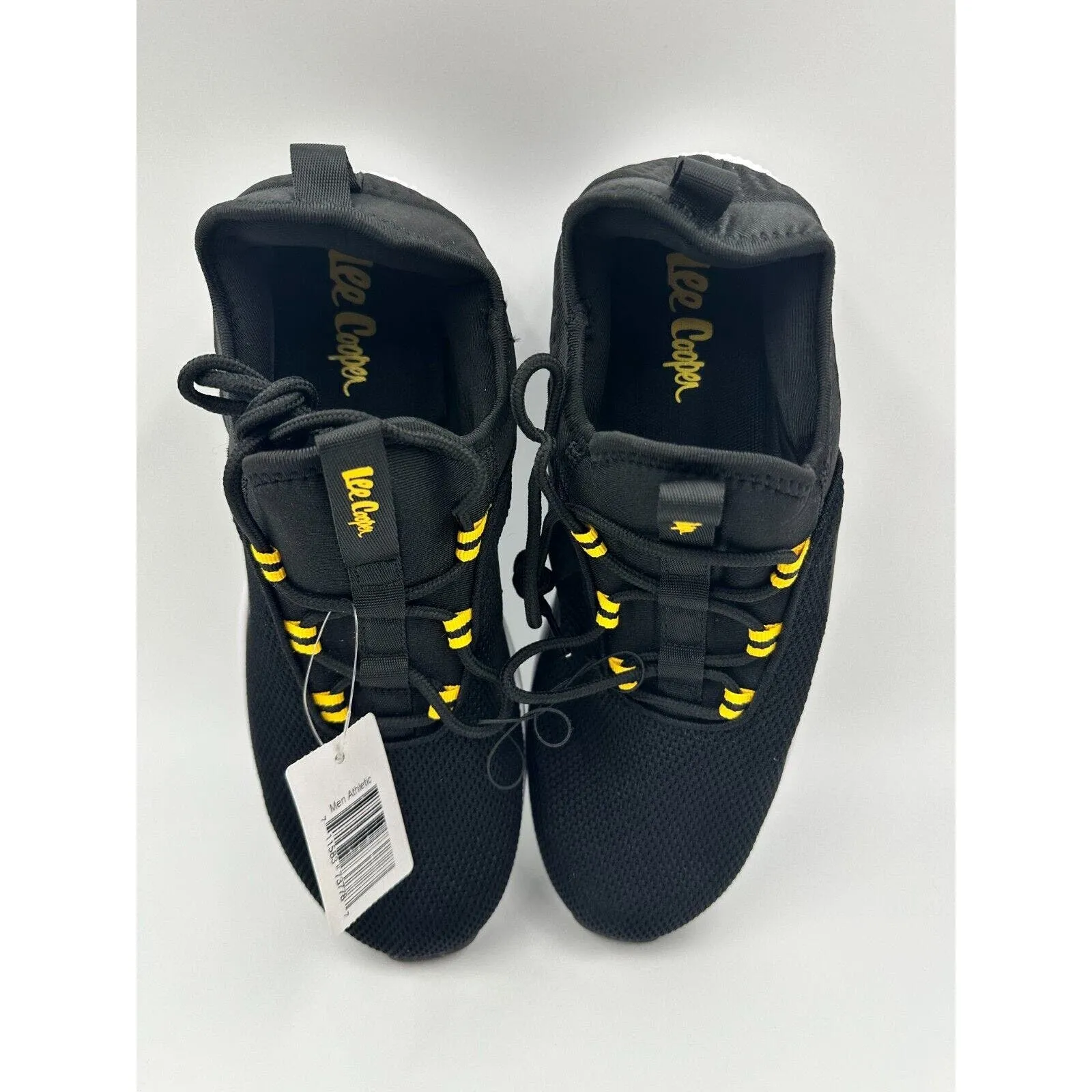 Men's Size 10, Black Slip-on Laced Sneakers, with Yellow Accents & White Soles