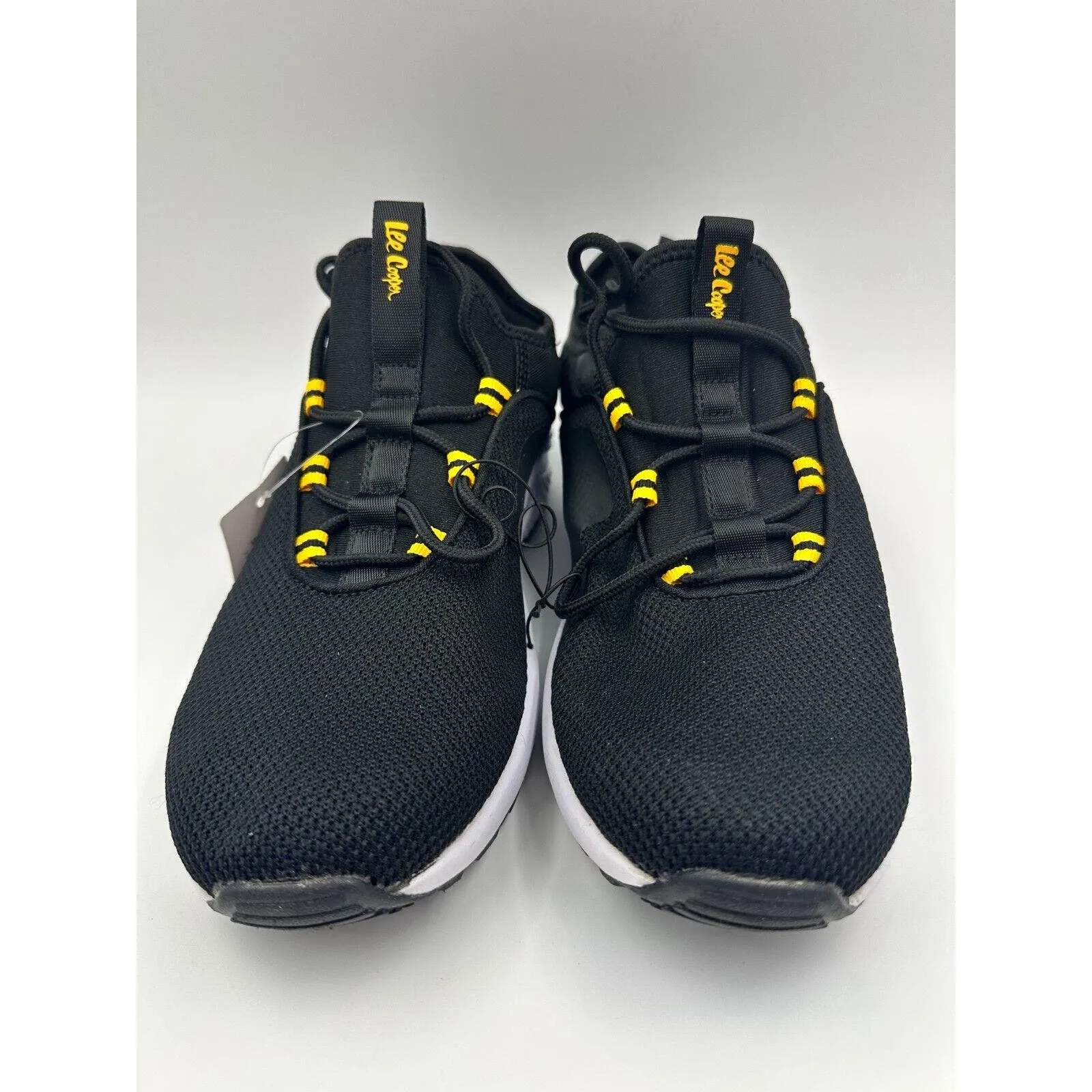 Men's Size 10, Black Slip-on Laced Sneakers, with Yellow Accents & White Soles