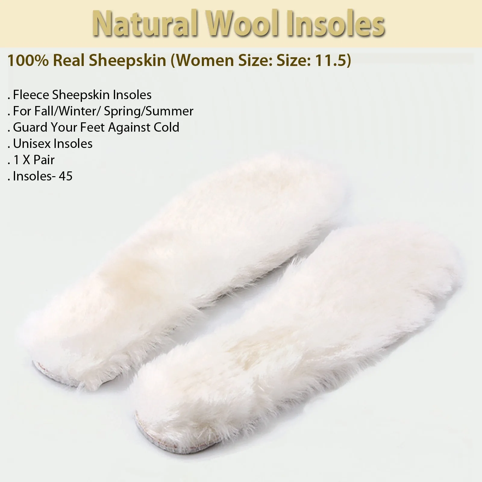 Natural Wool Insoles-100% Real Sheepskin (Women Size: 11.5)