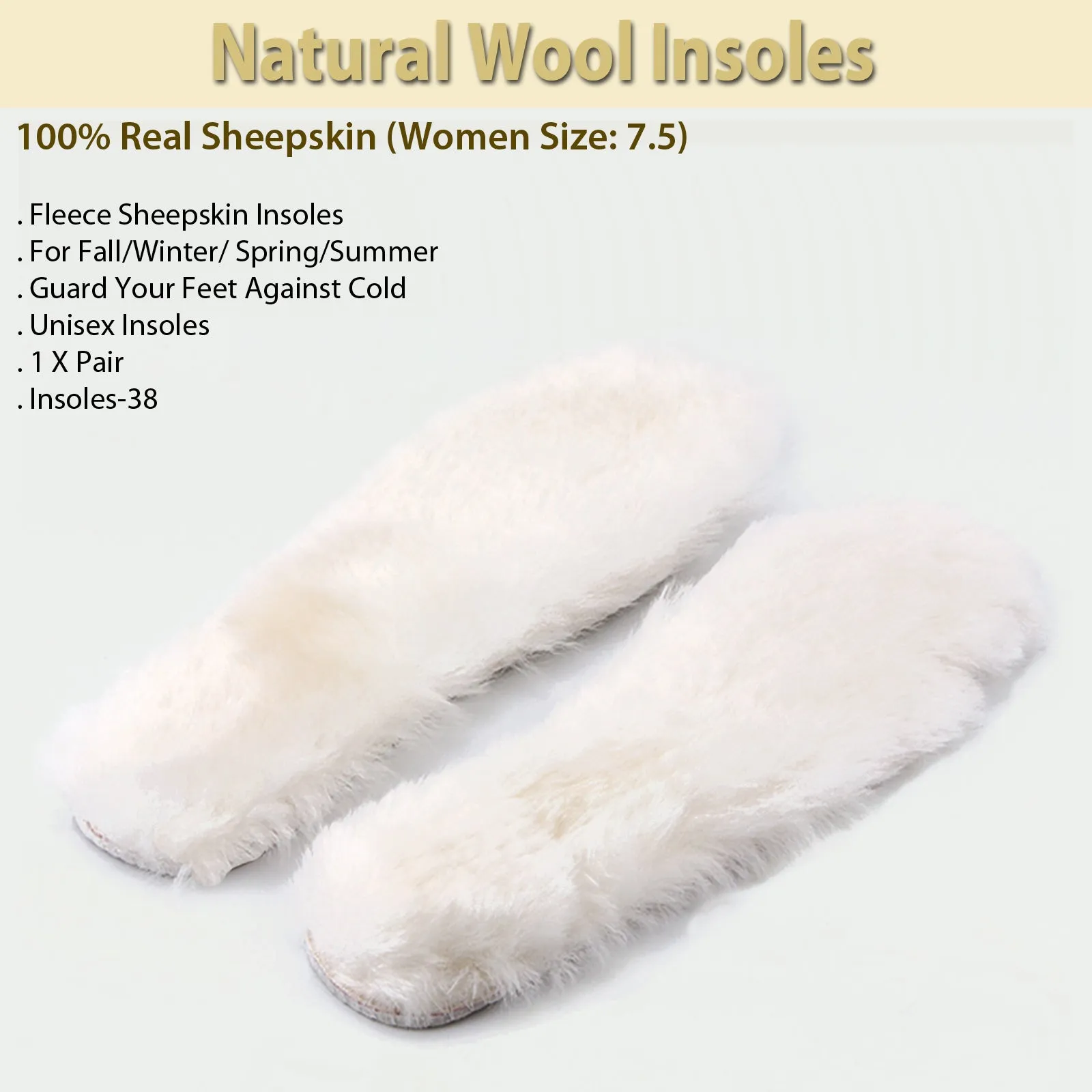 Natural Wool Insoles-100% Real Sheepskin  (Women Size: 7.5)