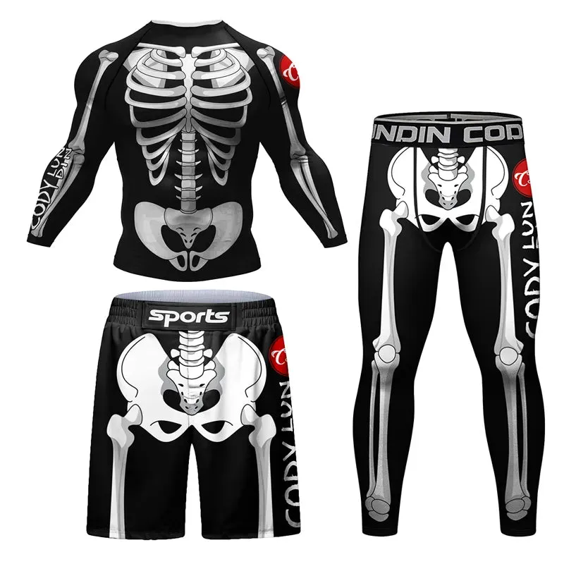 New Skull Rashguard Jiu Jitsu T-shirt Pants MMA Shorts 4Pcs/Set Brazilian Grappling Bjj Boxing Jerseys Rash Guard Sport Clothing