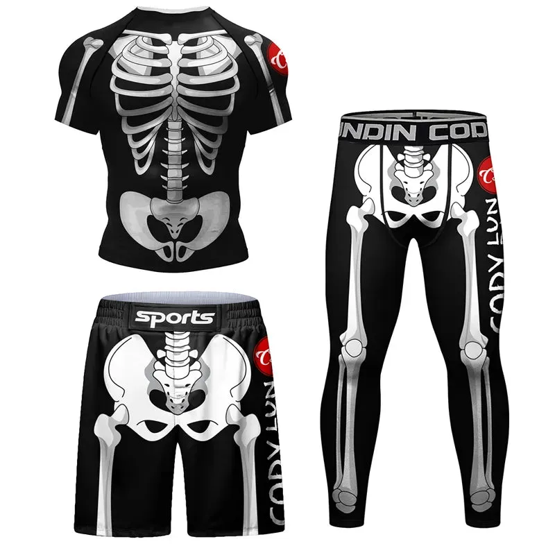 New Skull Rashguard Jiu Jitsu T-shirt Pants MMA Shorts 4Pcs/Set Brazilian Grappling Bjj Boxing Jerseys Rash Guard Sport Clothing