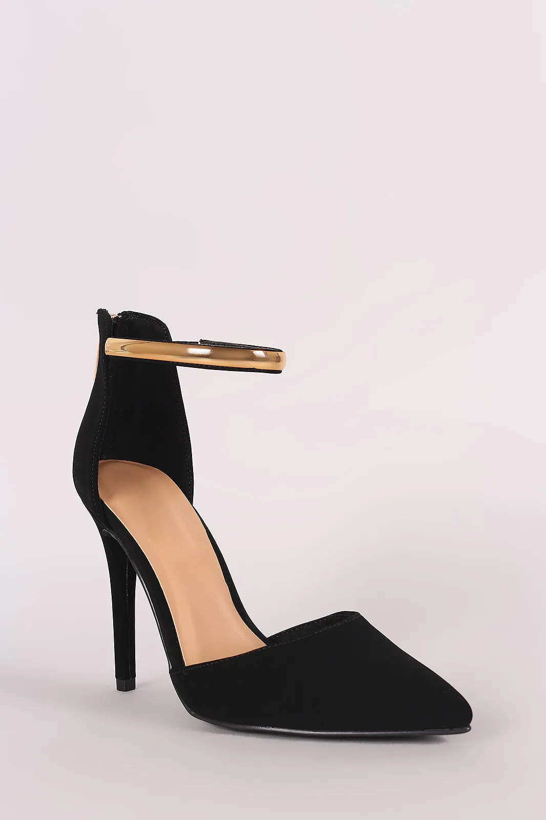 Nubuck Pointy Toe Metallic Ankle Strap Stiletto Pump