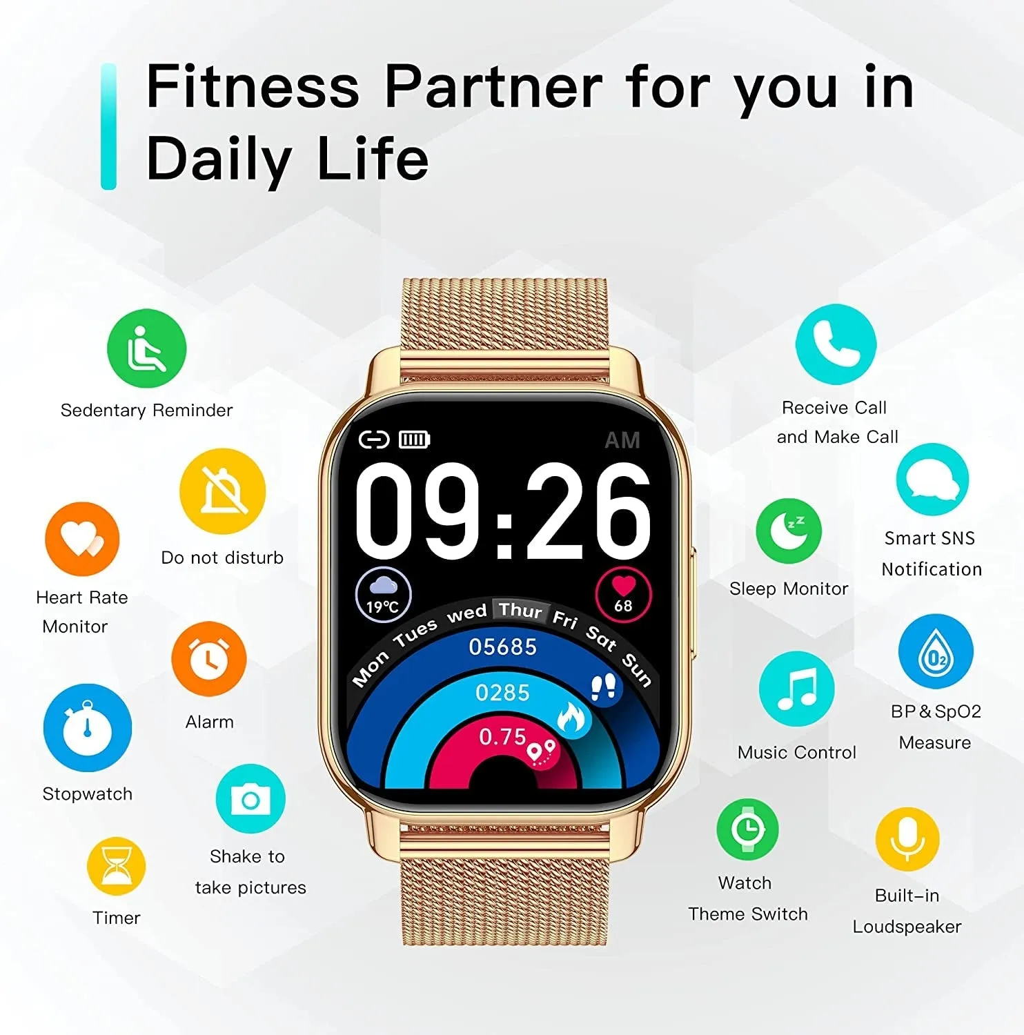 Popglory Smart Watch Answer/Make Calls & 2 Straps, 1.85" Large Smartwatch for Women & Men, Fitness Watch Blood Pressure/Oxygen/Heart Rate Monitor, Step Counter for Iphone & Android