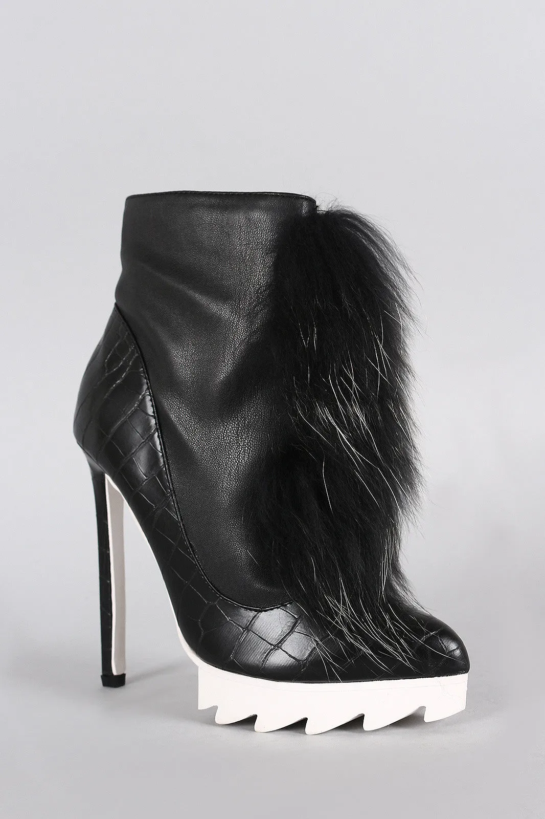 Privileged Crocodile Pointy Toe Faux Fur Stiletto Booties