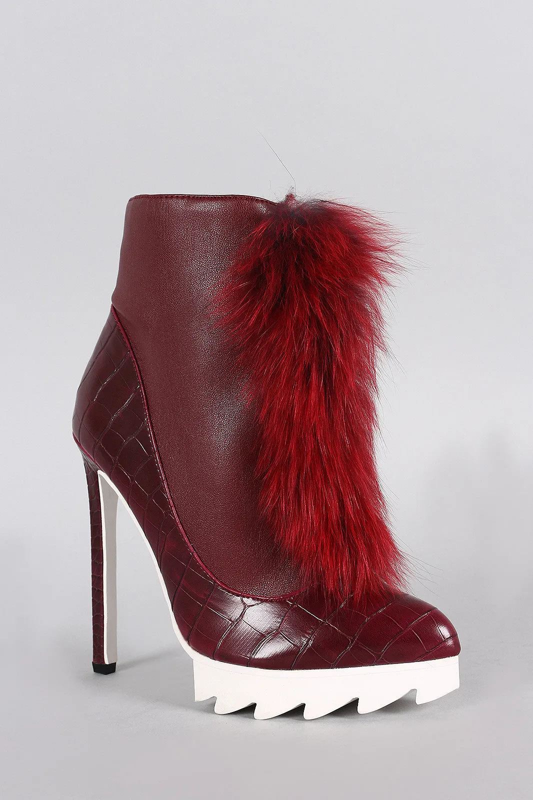 Privileged Crocodile Pointy Toe Faux Fur Stiletto Booties