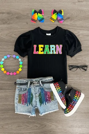 "Learn" Rainbow Sequin Denim Short Set