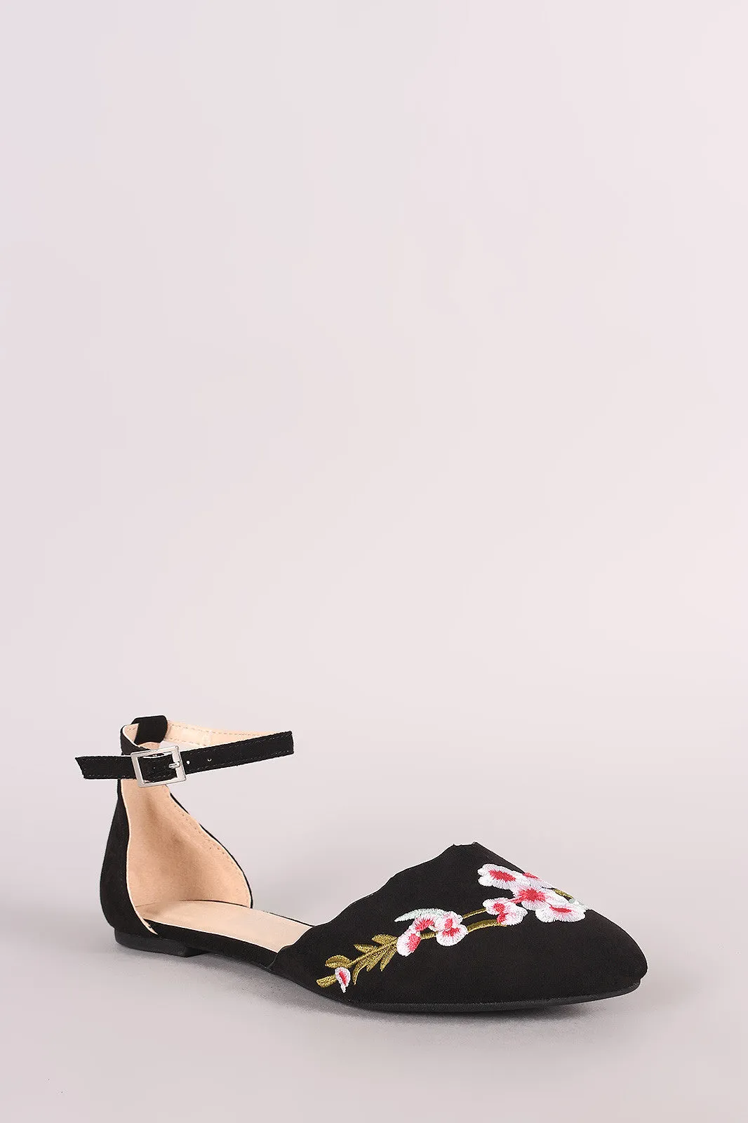 Qupid Embroidered Floral Suede Pointy Toe Ankle Strap Flat