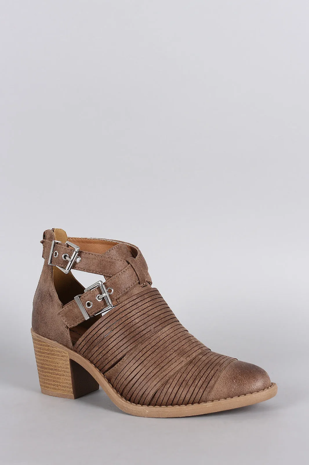 Qupid Slashed Crisscross Buckled Strap Chunky Heeled Ankle Boots