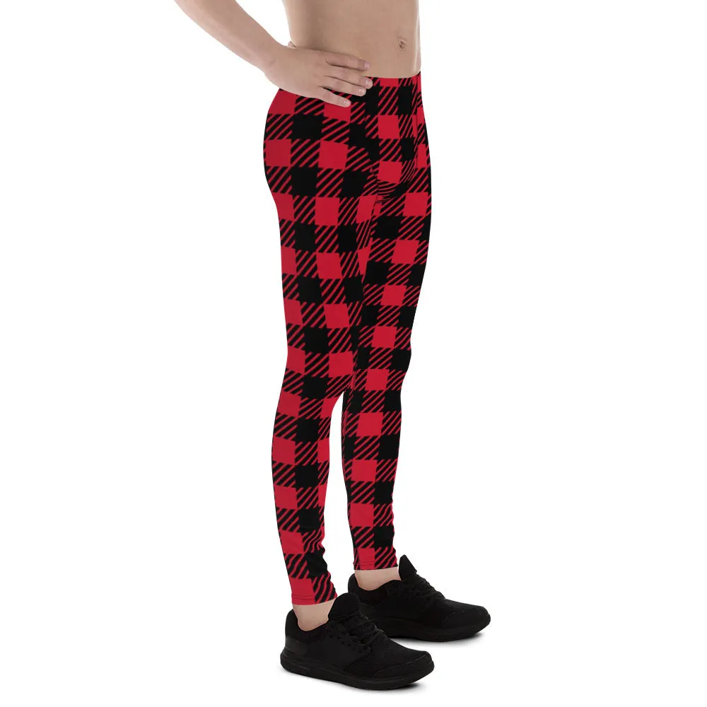 Red Black Plaid Men's Leggings, Plaid Printed Classic Traditional Meggings For Men - Made in USA/EU