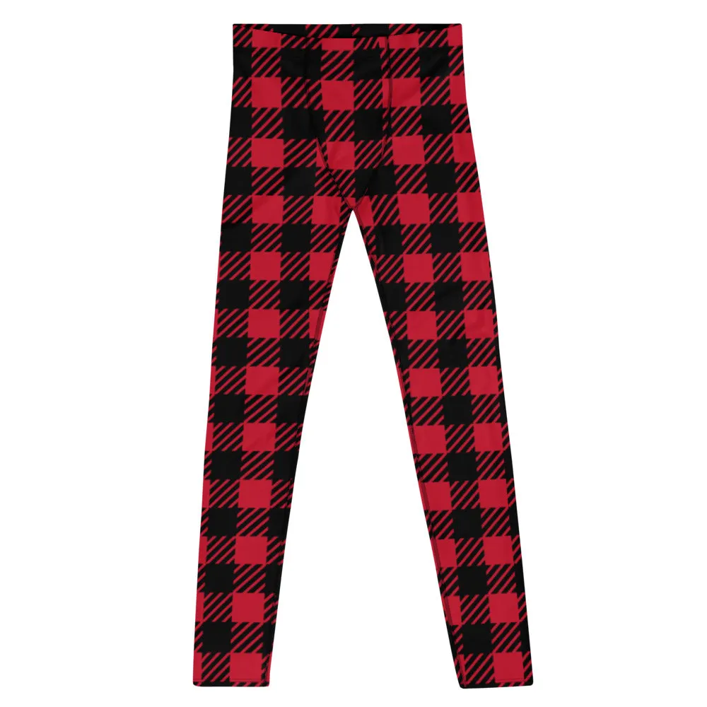 Red Black Plaid Men's Leggings, Plaid Printed Classic Traditional Meggings For Men - Made in USA/EU