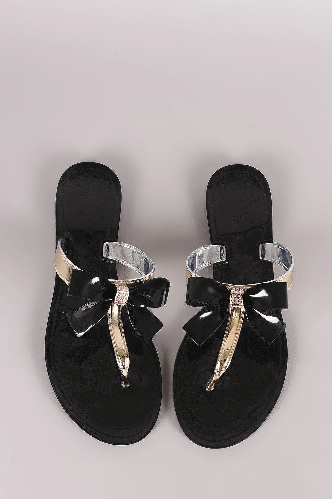 Rhinestone Accent Bow Jelly Thong Flat Sandal