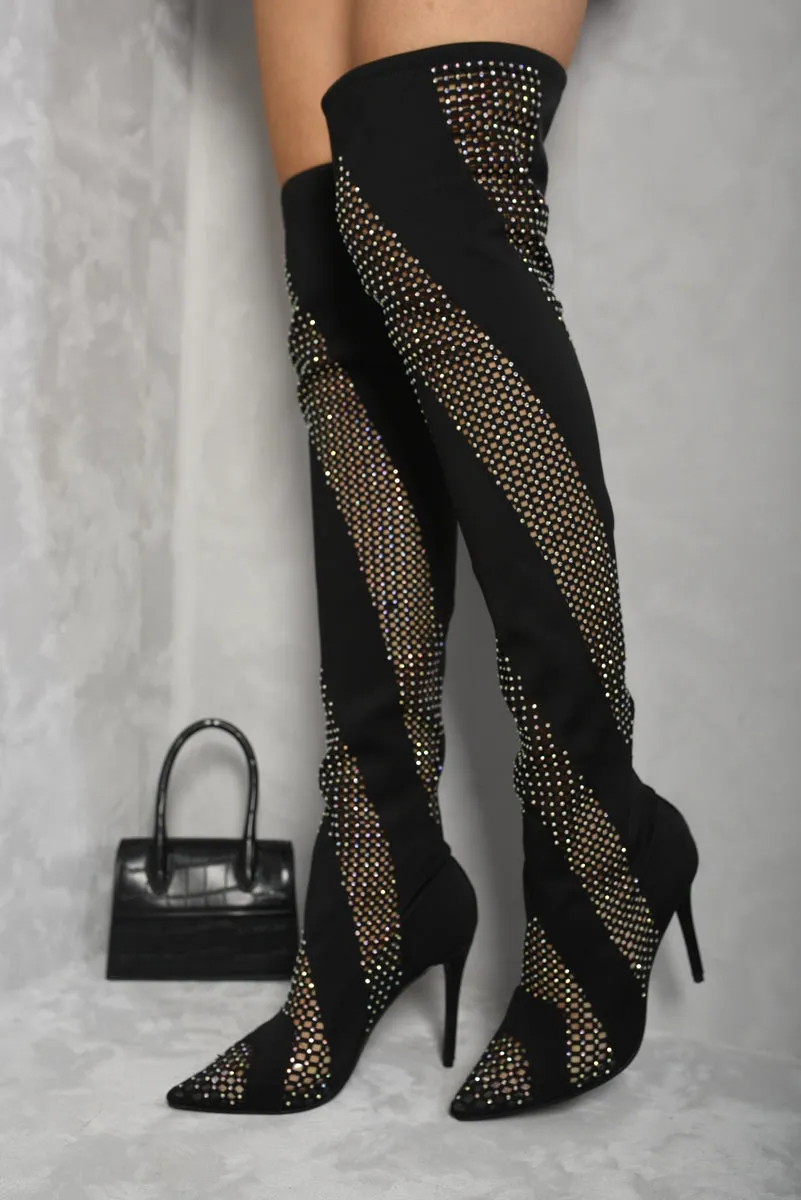 Rhinestone Mesh Knee High Boots