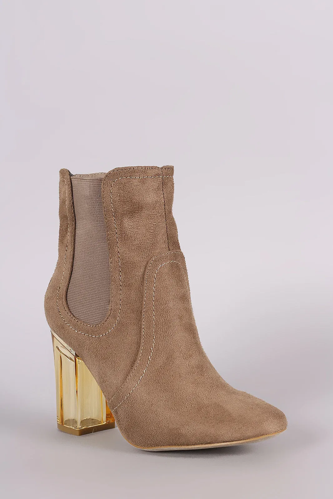 Suede Elastic Gore Chunky Lucite Heeled Ankle Boots