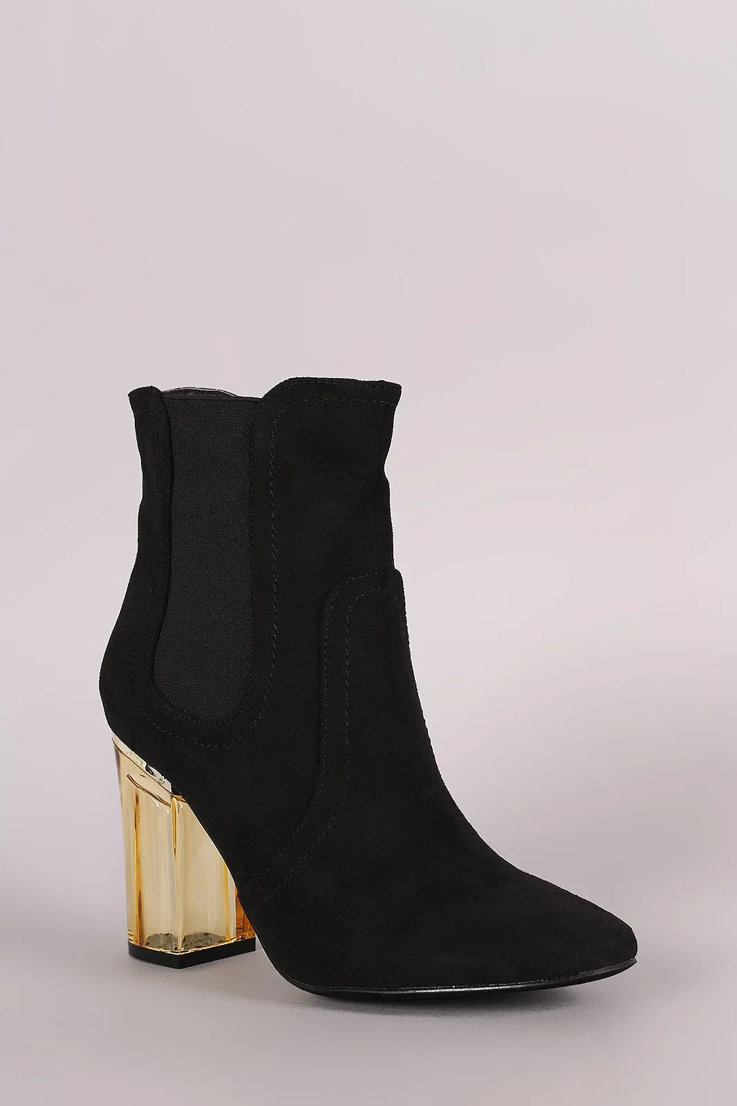 Suede Elastic Gore Chunky Lucite Heeled Ankle Boots