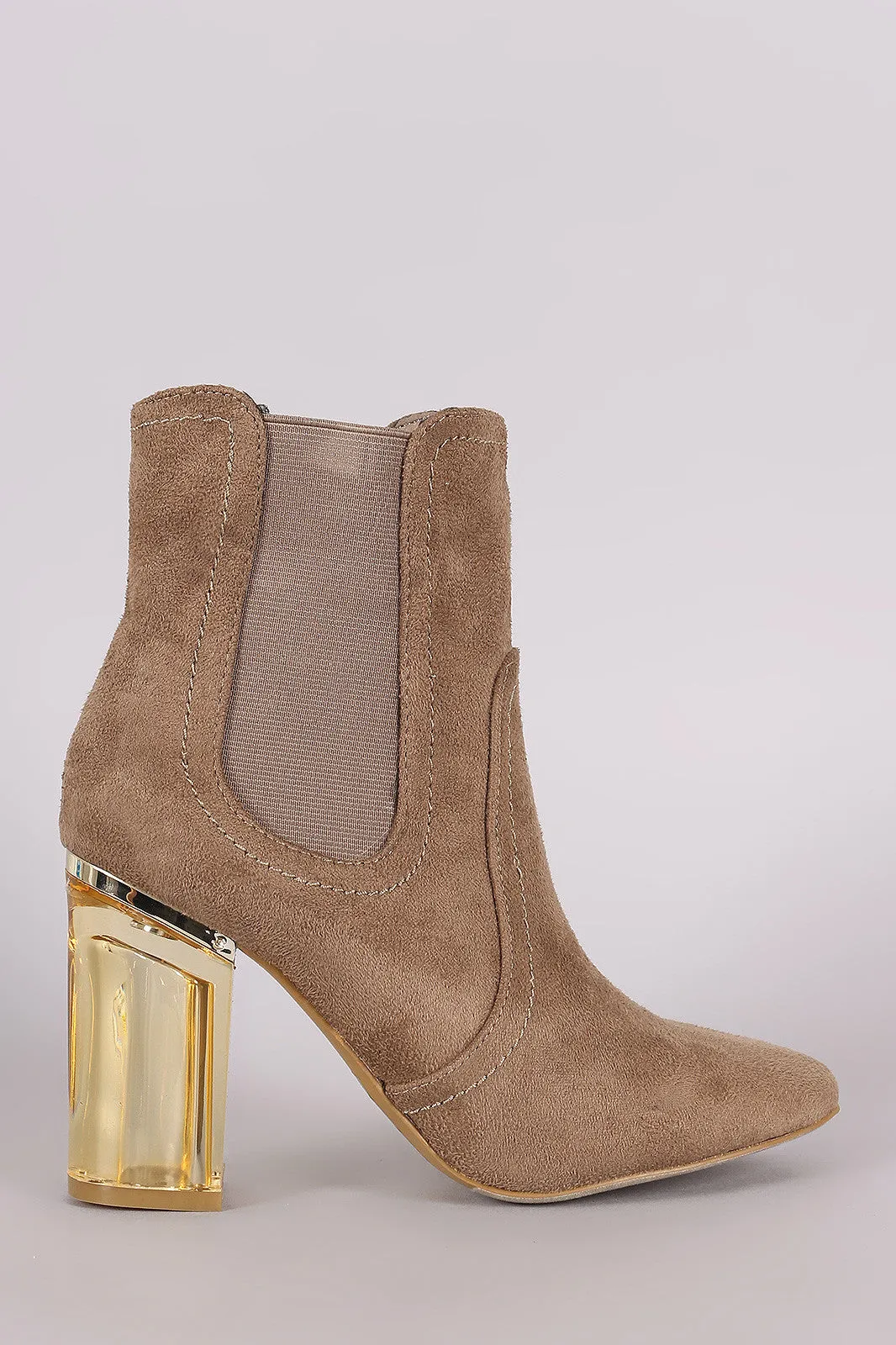 Suede Elastic Gore Chunky Lucite Heeled Ankle Boots