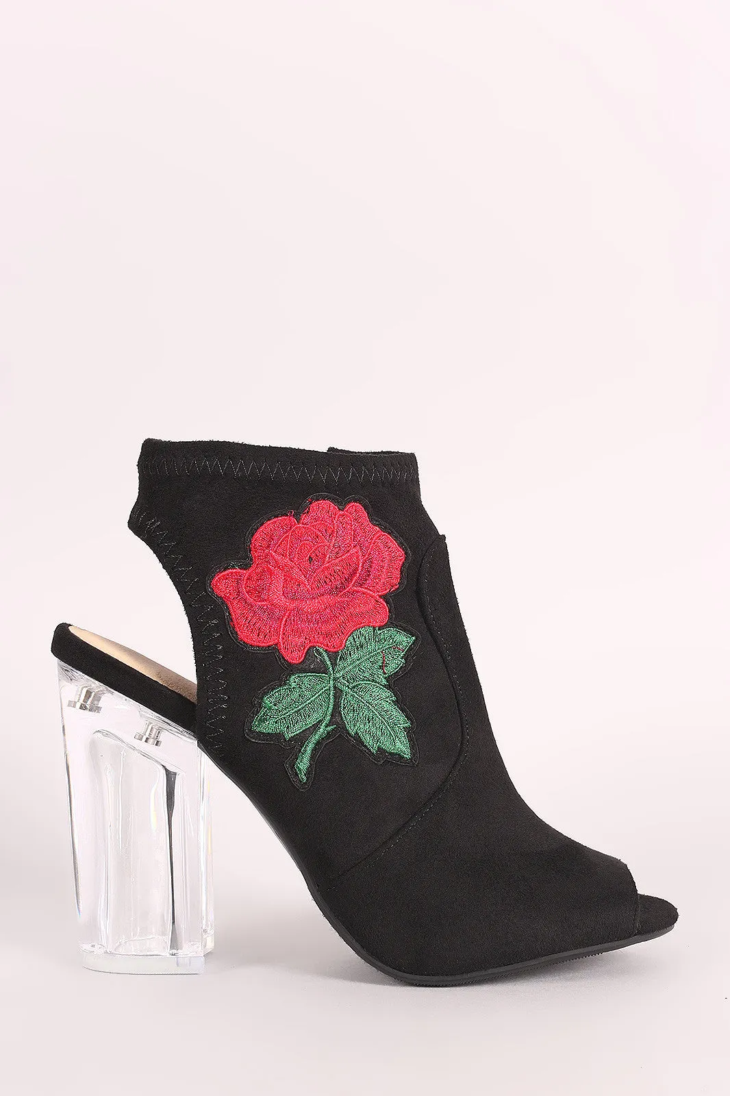 Suede Embroidered Rosette Chunky Perspex Heeled Mule Booties