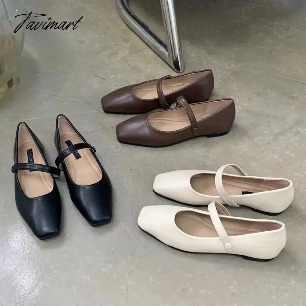 Tavimart New Spring Korea Flats Women Shoes Fashion Mary Jane Shoes Square Toe Women's Shoes Retro PU Flats