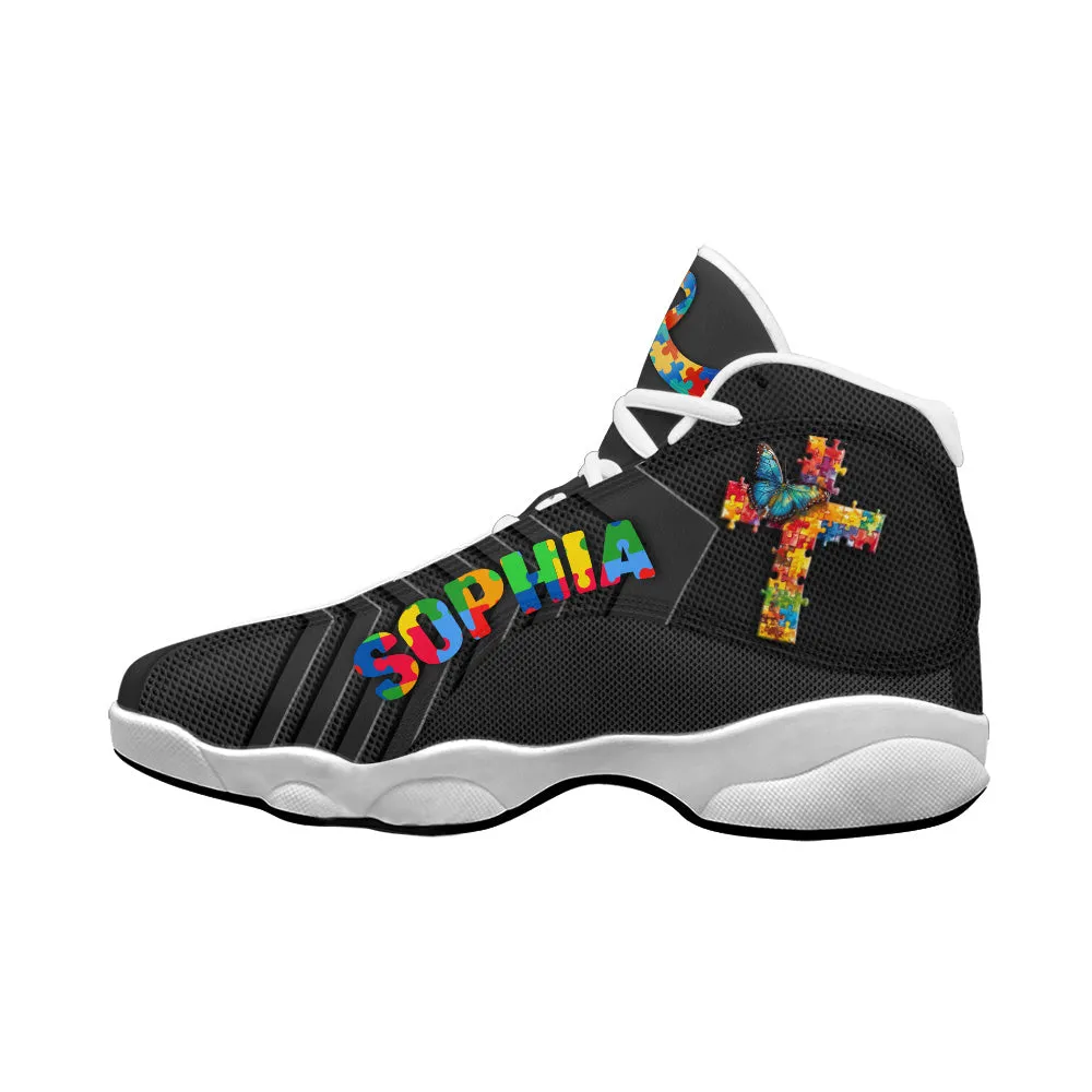 Teesdily |  Personalized Jesus Cross Autism Awareness Basketball Shoes, You’ll Never Walk Alone, Christian Faith Running Shoes