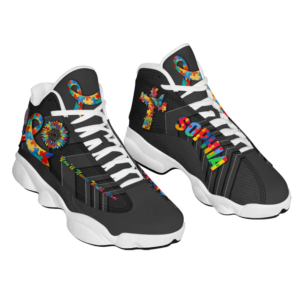 Teesdily |  Personalized Jesus Cross Autism Awareness Basketball Shoes, You’ll Never Walk Alone, Christian Faith Running Shoes