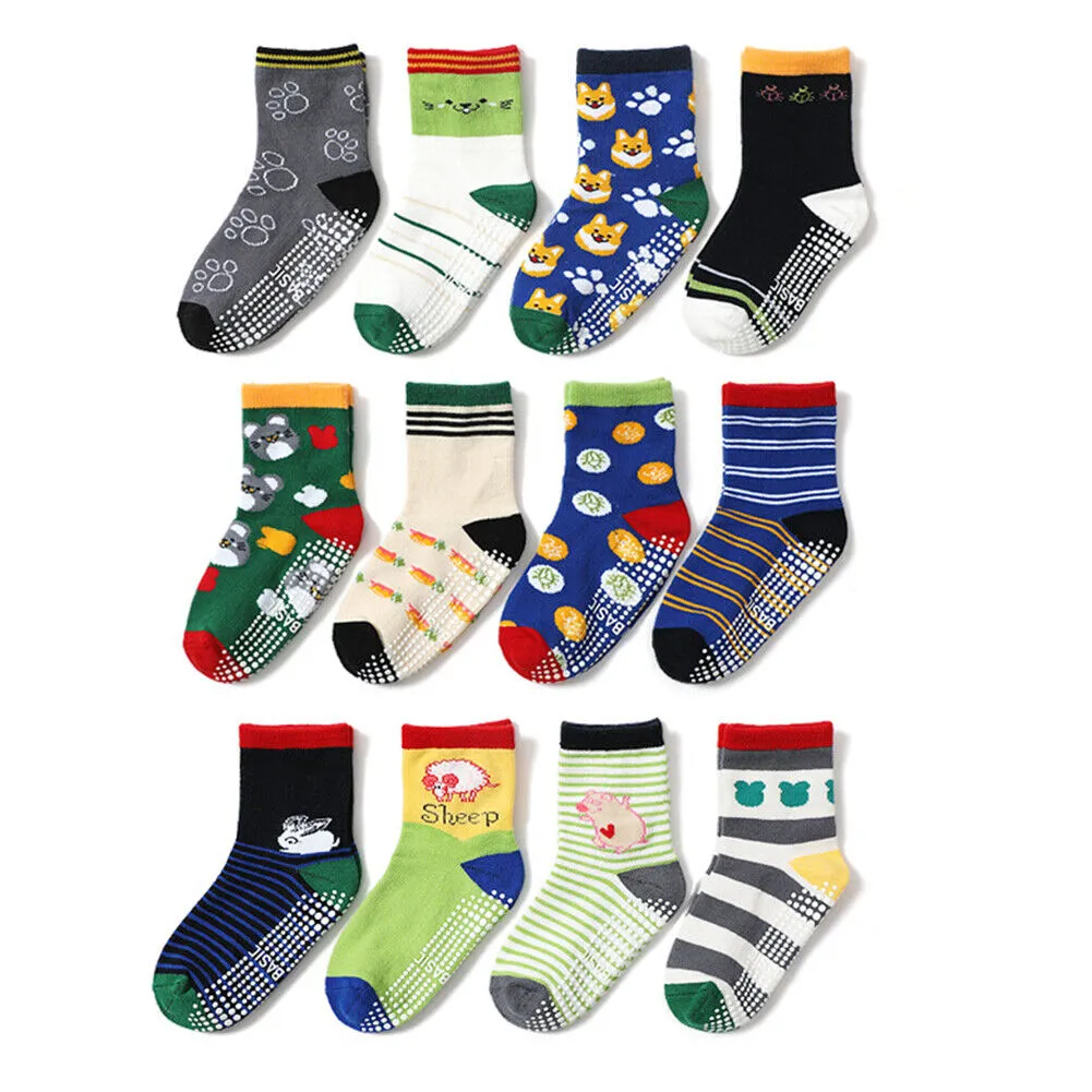 US 12 Pairs Non-Slip Anti Skid w/Grip Kid Toddler All Season Sticky Cotton Socks