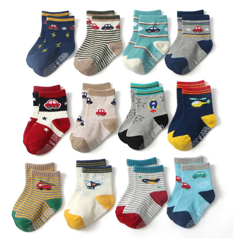 US 12 Pairs Non-Slip Anti Skid w/Grip Kid Toddler All Season Sticky Cotton Socks