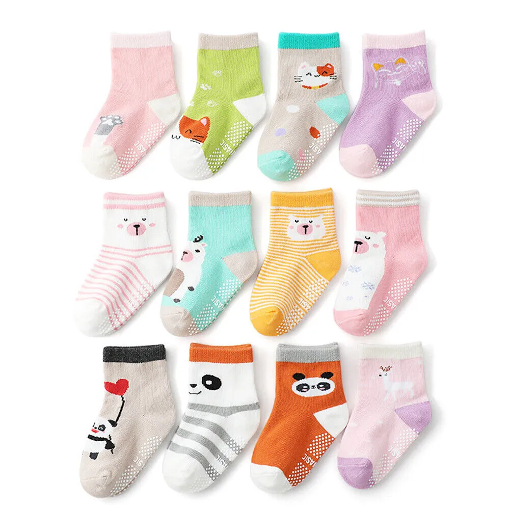 US 12 Pairs Non-Slip Anti Skid w/Grip Kid Toddler All Season Sticky Cotton Socks