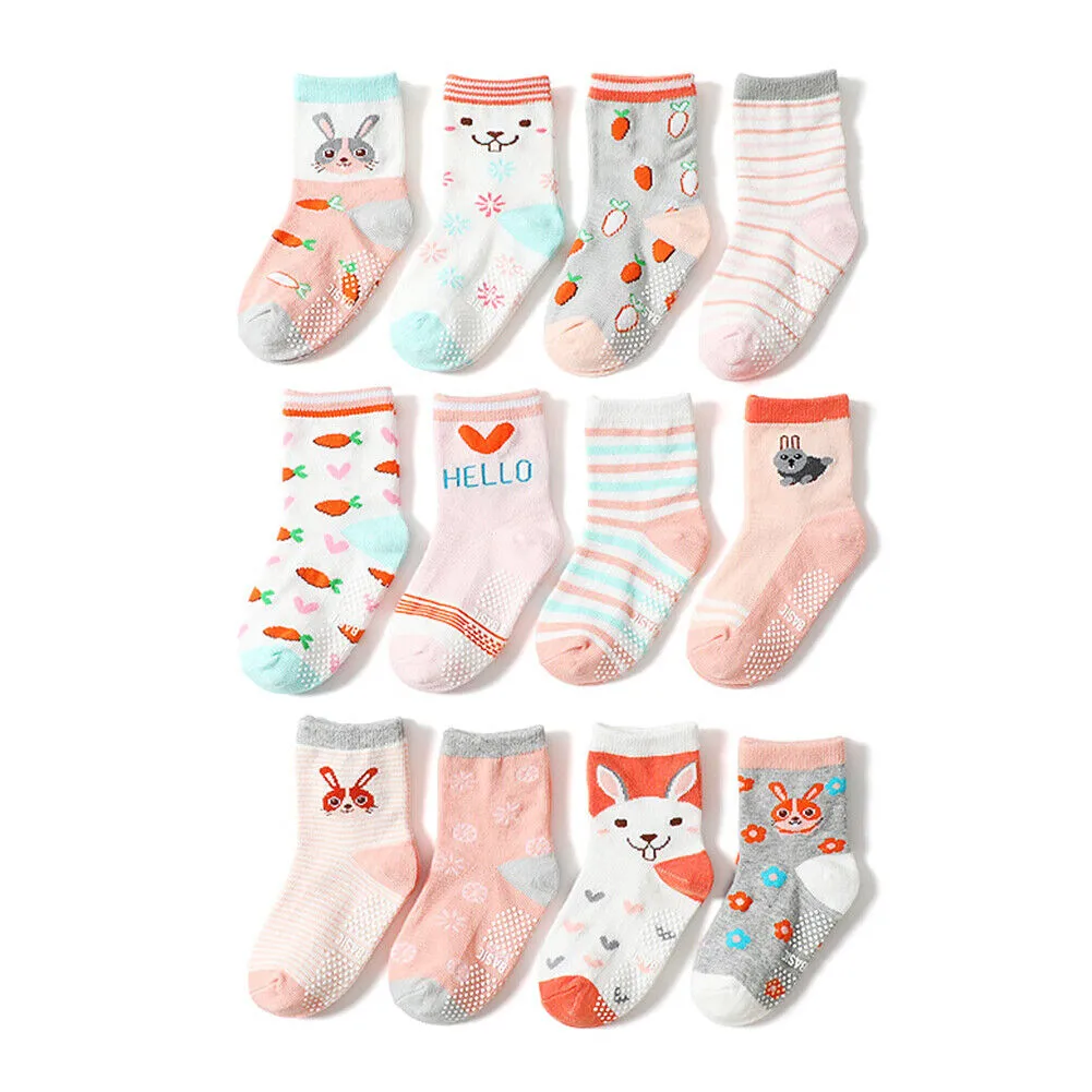 US 12 Pairs Non-Slip Anti Skid w/Grip Kid Toddler All Season Sticky Cotton Socks