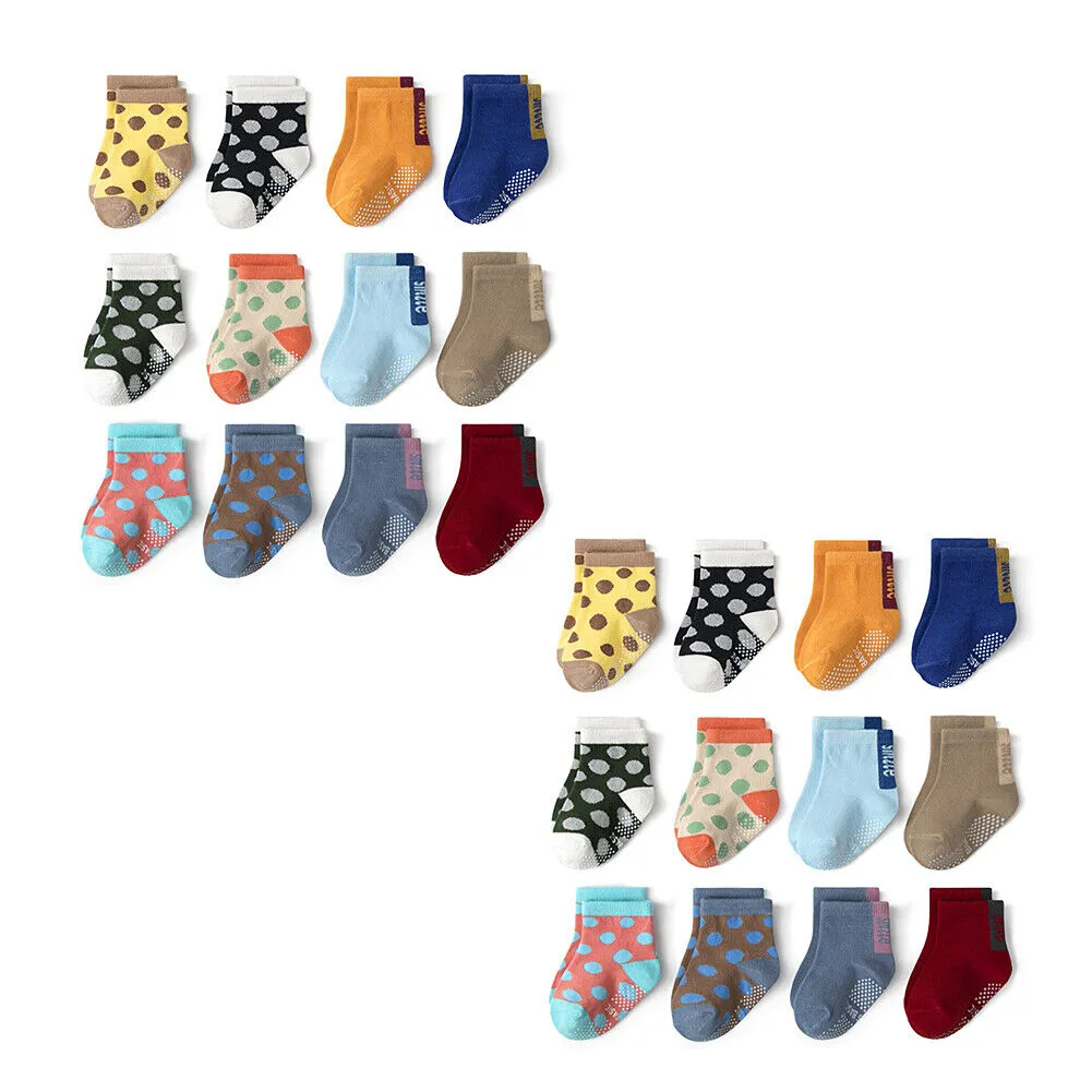 US 12 Pairs Non-Slip Anti Skid w/Grip Kid Toddler All Season Sticky Cotton Socks