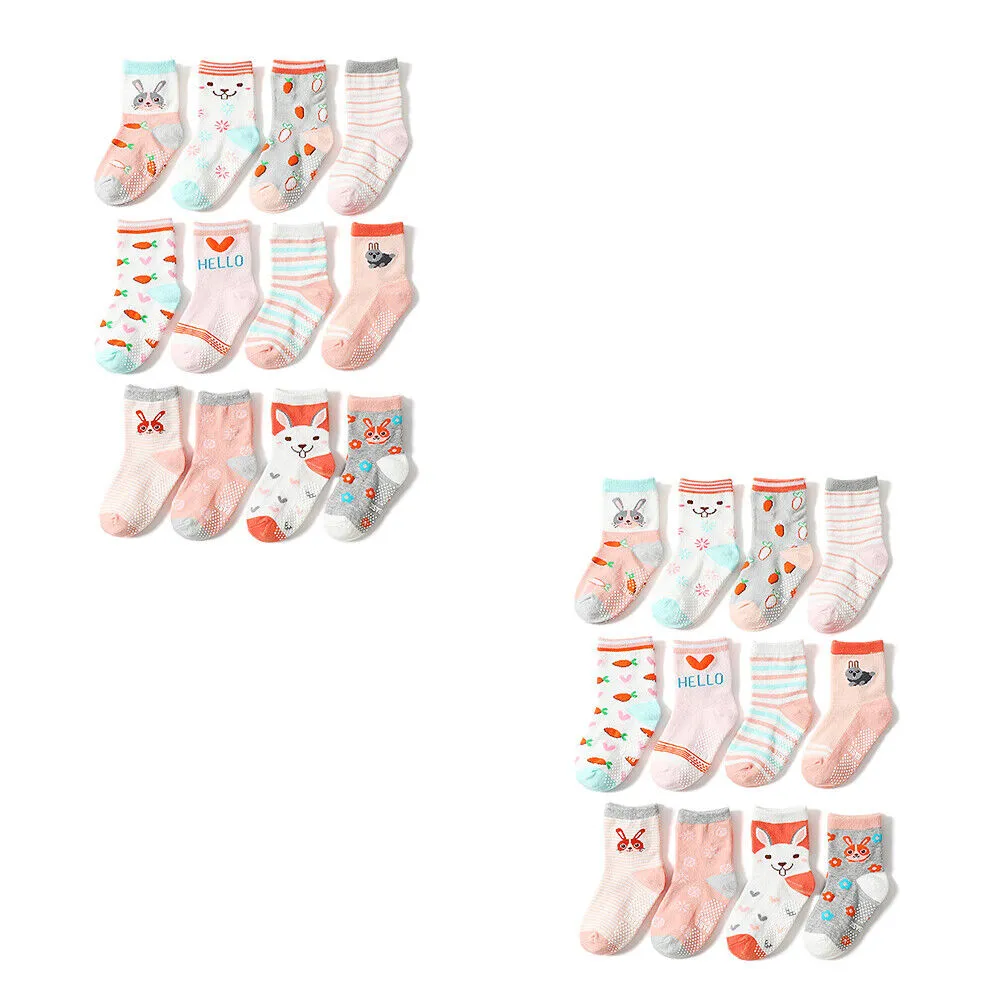 US 12 Pairs Non-Slip Anti Skid w/Grip Kid Toddler All Season Sticky Cotton Socks