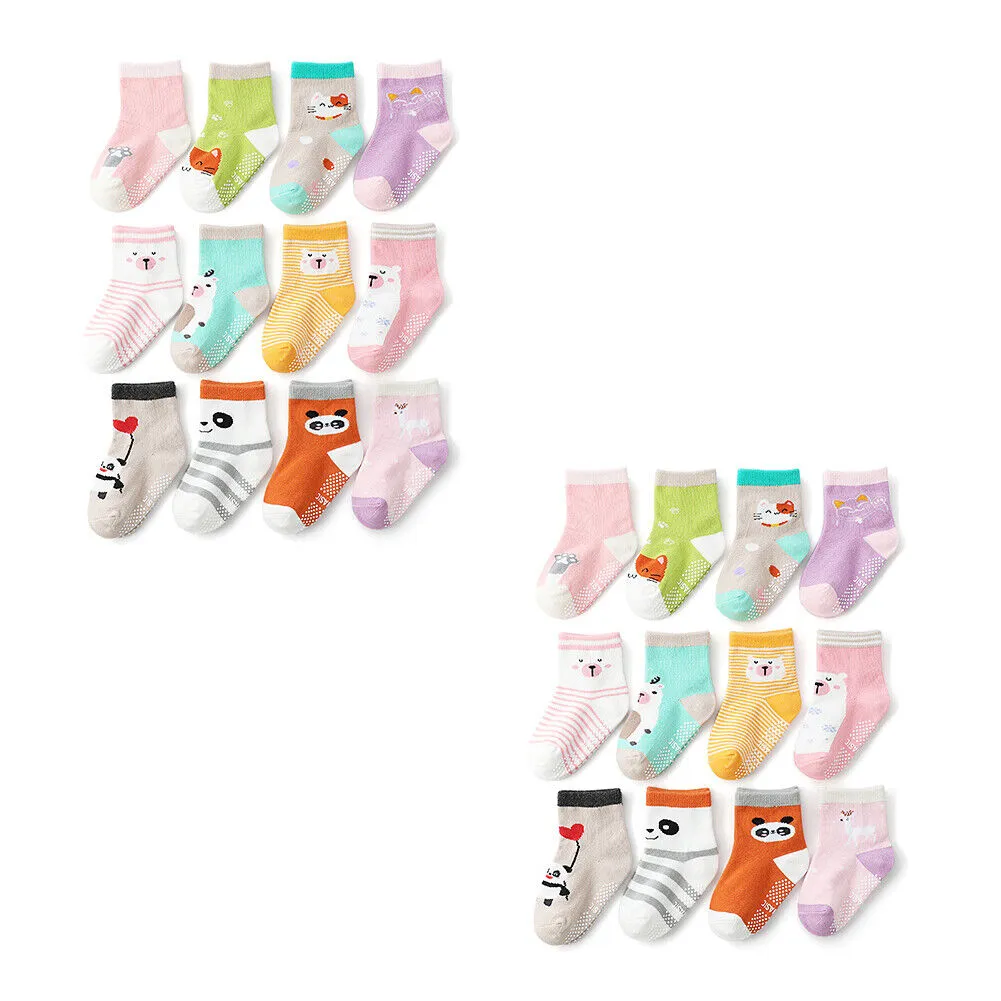 US 12 Pairs Non-Slip Anti Skid w/Grip Kid Toddler All Season Sticky Cotton Socks