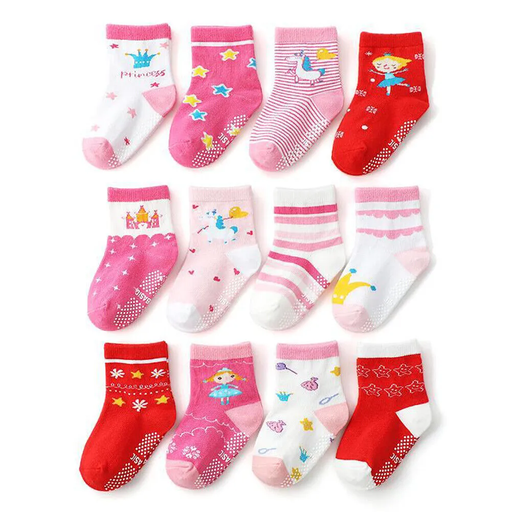 US 12 Pairs Non-Slip Anti Skid w/Grip Kid Toddler All Season Sticky Cotton Socks