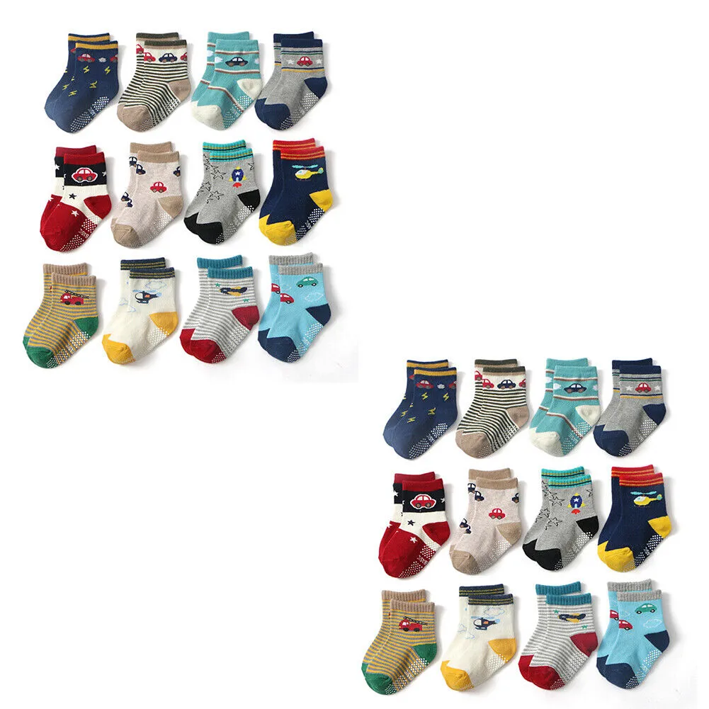 US 12 Pairs Non-Slip Anti Skid w/Grip Kid Toddler All Season Sticky Cotton Socks