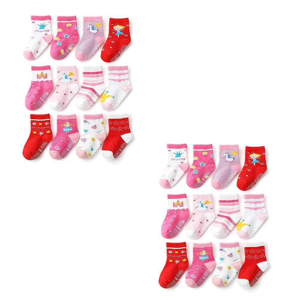 US 12 Pairs Non-Slip Anti Skid w/Grip Kid Toddler All Season Sticky Cotton Socks