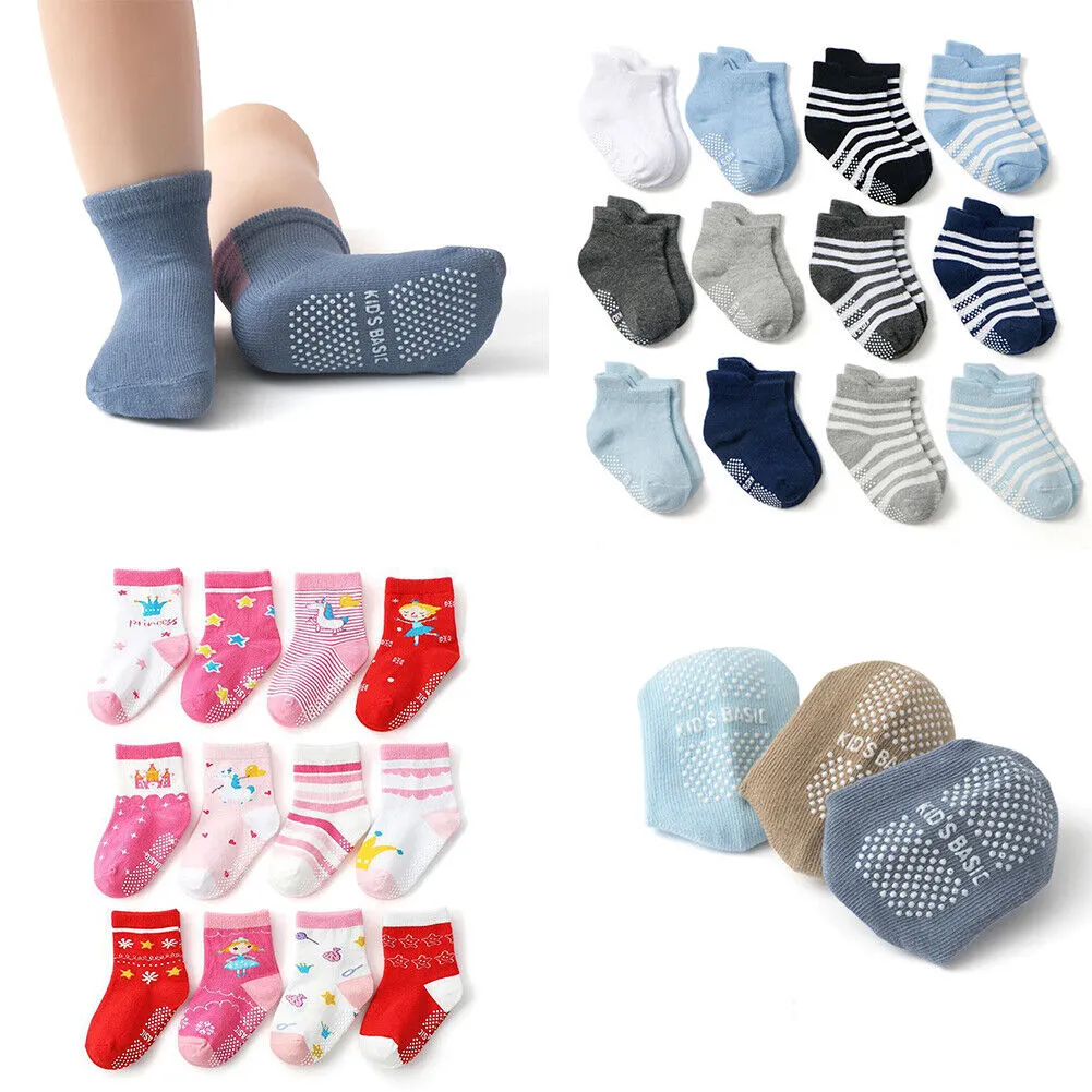 US 12 Pairs Non-Slip Anti Skid w/Grip Kid Toddler All Season Sticky Cotton Socks