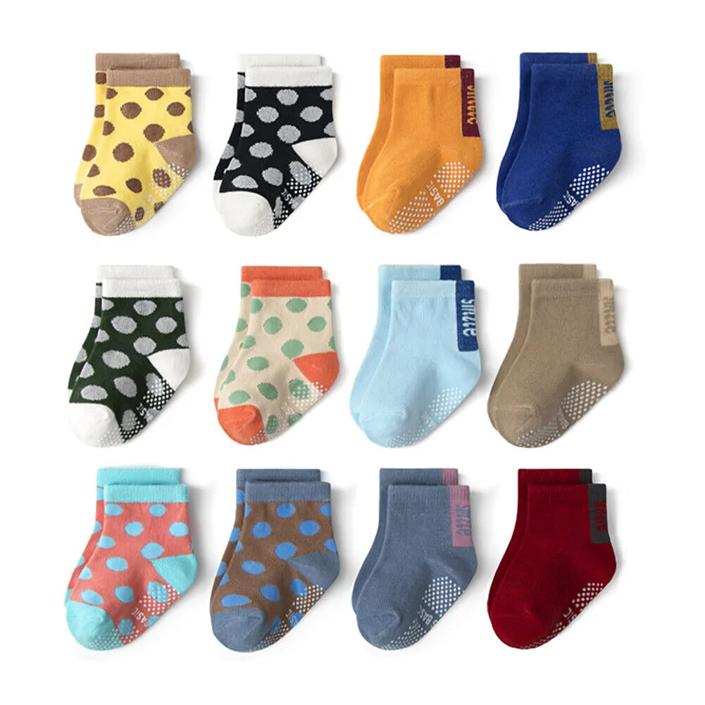 US 12 Pairs Non-Slip Anti Skid w/Grip Kid Toddler All Season Sticky Cotton Socks