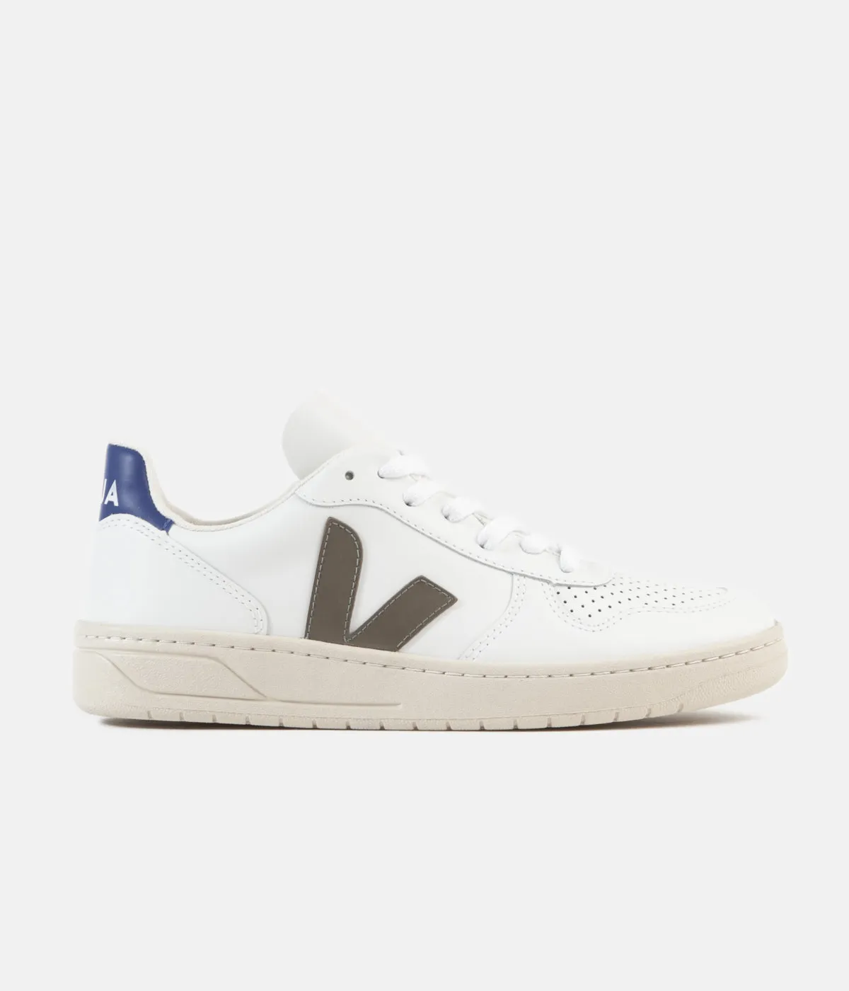 Veja Womens V-10 Leather Shoes - Extra White / Khaki / Indigo