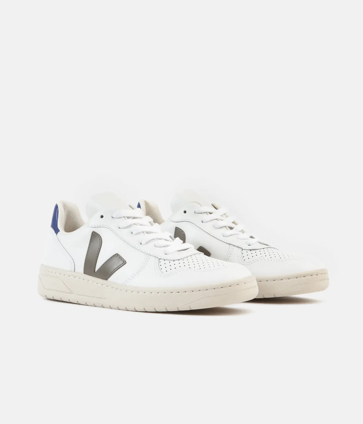 Veja Womens V-10 Leather Shoes - Extra White / Khaki / Indigo