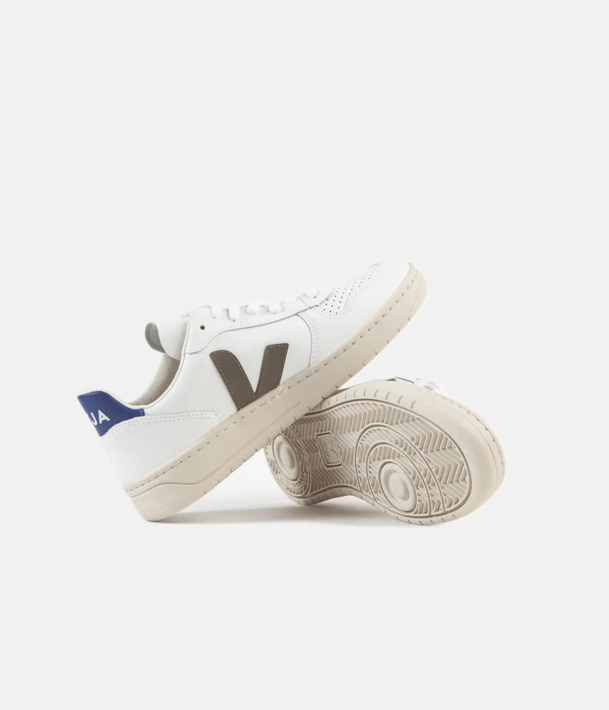 Veja Womens V-10 Leather Shoes - Extra White / Khaki / Indigo