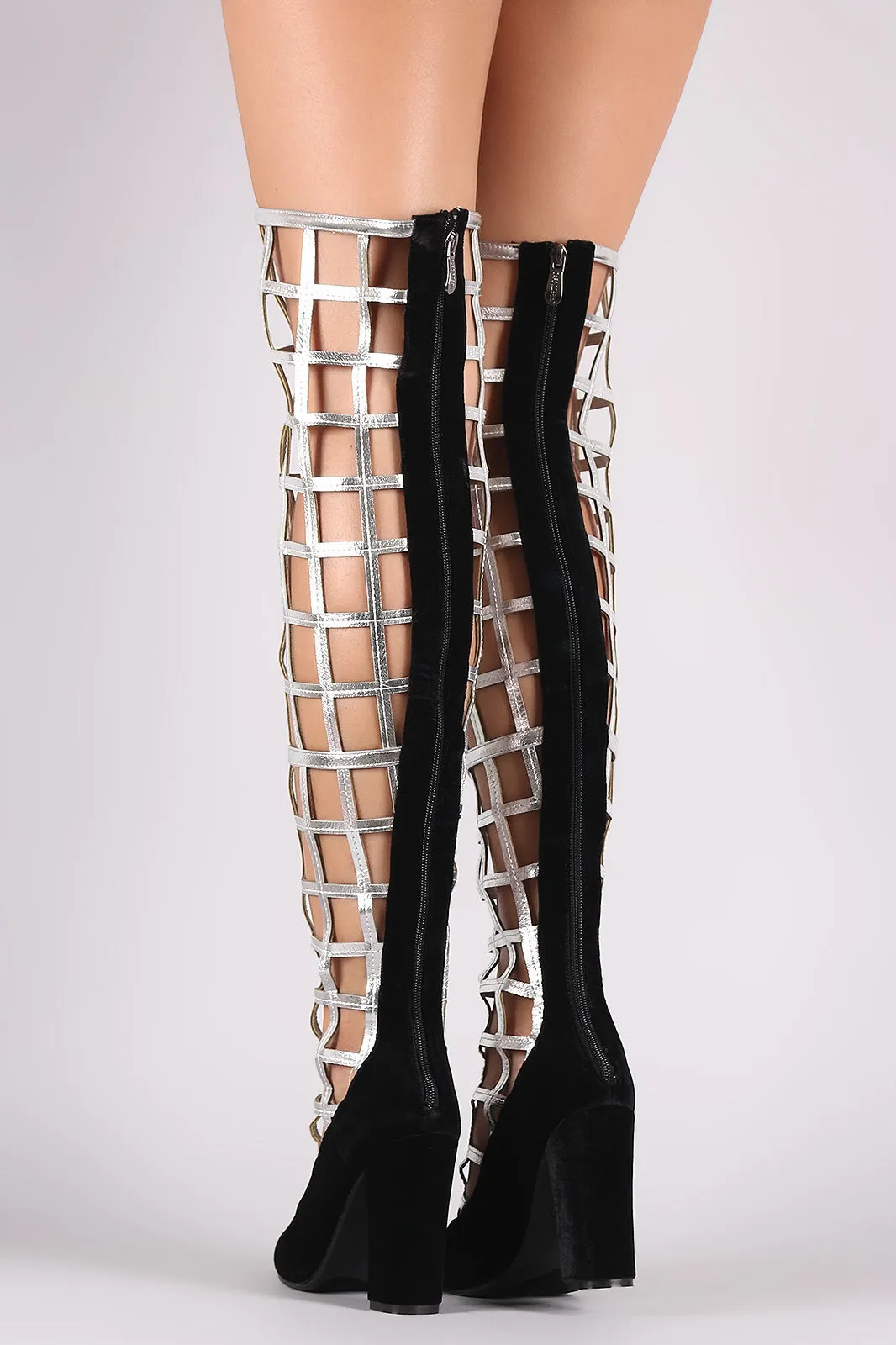 Velvet Caged Chunky Heeled Over-The-Knee Boots